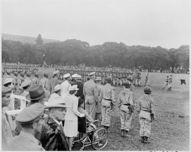 Photograph of the Japanese-American 442nd Regimental Combat Team marching in review past President Truman and other... - NARA - 199393