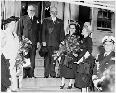 Photograph of the President and Mrs. Truman with President Eurico Dutra of Brazil and other dignitaries, during... - NARA - 200123
