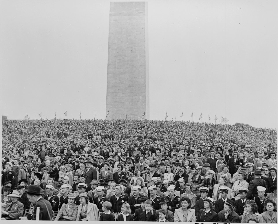 Photograph of the vast crowd assembled around the Washington Monument for ceremonies honoring Admiral Chester Nimitz. - NARA - 199213