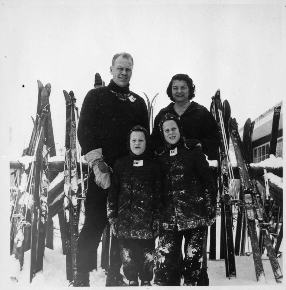 Photograph of Representative Gerald R. Ford and Mrs. Betty Ford Skiing with Sons John Jack Ford and Michael Mike... - NARA - 186869