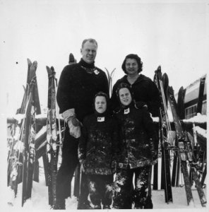 Photograph of Representative Gerald R. Ford and Mrs. Betty Ford Skiing with Sons John Jack Ford and Michael Mike... - NARA - 186869