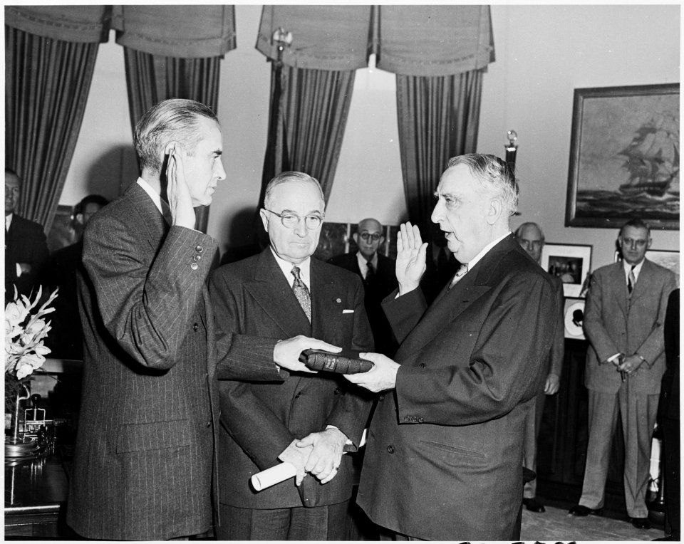 Photograph of W. Averell Harriman taking the oath of office as Director of the Mutual Security Agency in the Oval... - NARA - 200361