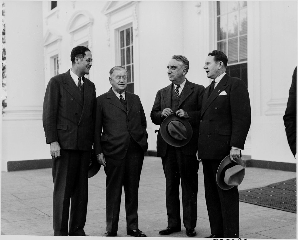 Photograph of Truman administration officials outside the White House, evidently on occasion of welcoming ceremonies... - NARA - 199240