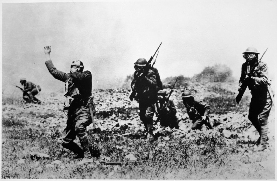 Picture posed in France, near front line trenches, by Major Evarts Tracey, Engineer Corps, U.S.A., to illustrate... - NARA - 530749