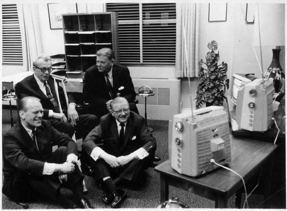 Photograph of Representative Gerald R. Ford with Senator Everett M. Dirksen, Ray Bliss and Senator Thurston Morton... - NARA - 186979