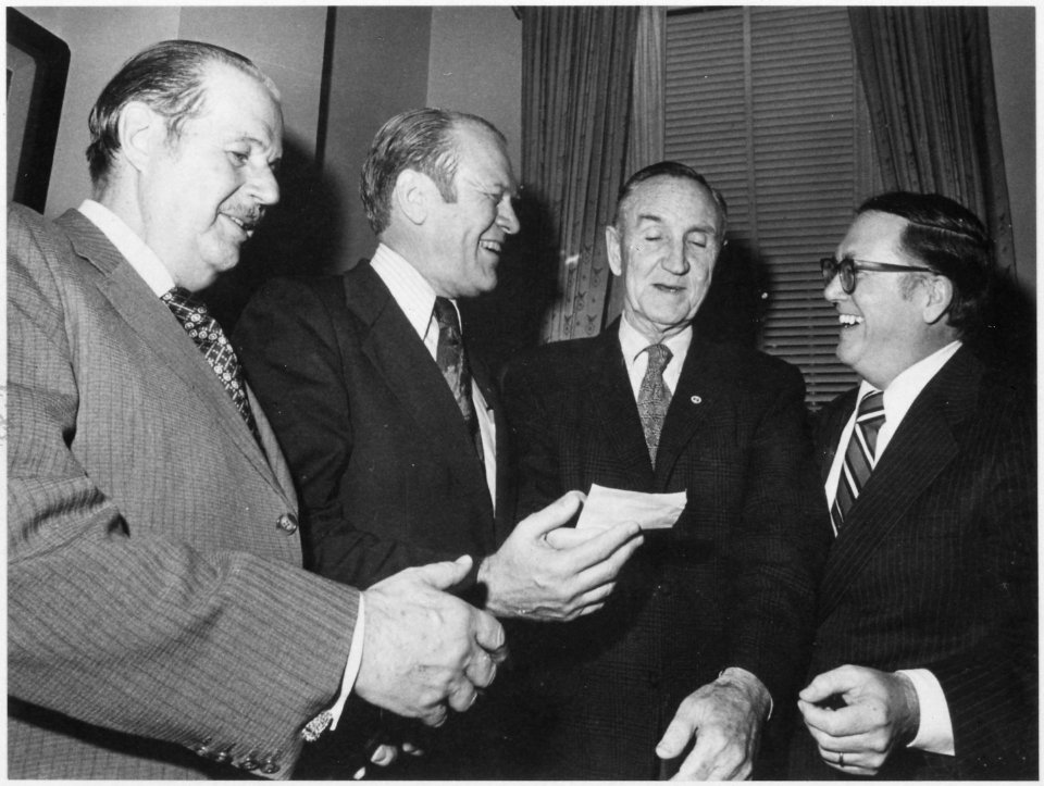 Photograph of Vice President Gerald R. Ford Joking with Senate Minority Leader Hugh Scott (PA), Senate Majority... - NARA - 187016