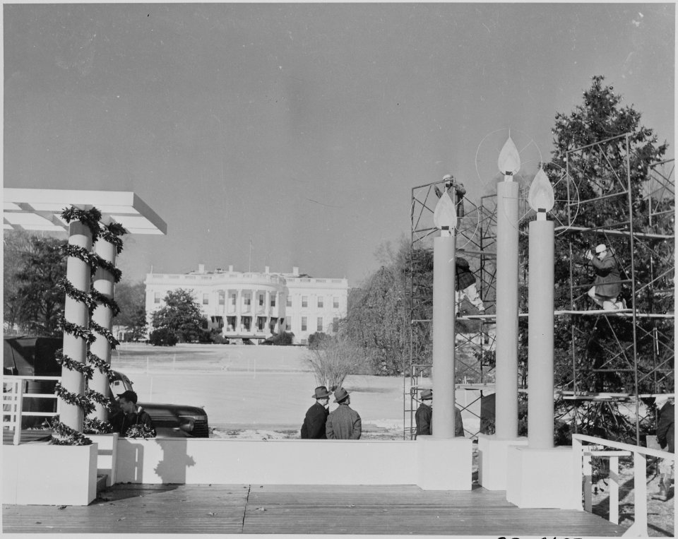 Photograph of workmen preparing the speaker's platform for the lighting of the National Community Christmas Tree... - NARA - 199282