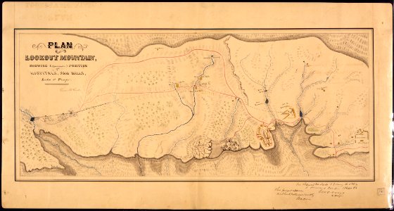Plan of Lookout Mountain Showing (Approximate) Position of Hospitals, Sawmills, Lake, and Pumps. - NARA - 305825