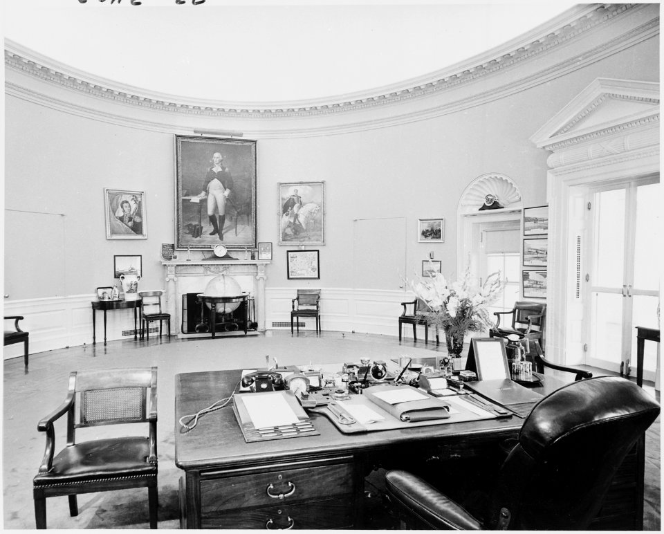 Photograph of the Oval Office, as seen from behind President Truman's desk. - NARA - 200234