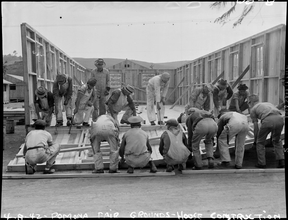 Pomona, California. Constructing temporary quarters for evacuees of Japanese ancestry on Los Angele . . . - NARA - 536839
