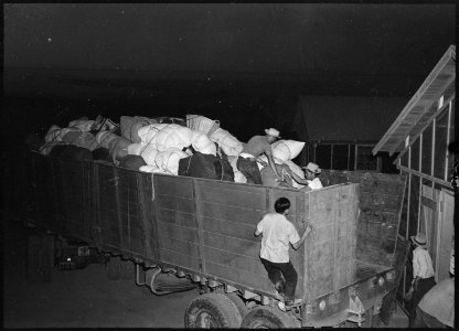 Poston, Arizona. A truck load of personal belongings is here being unloaded by Japanese Americans u . . . - NARA - 536286