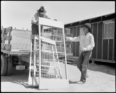 Poston, Arizona. Apache Indians assist in the unloading of beds for evacuees of Japanese ancestry a . . . - NARA - 536128 photo