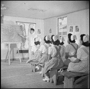Poston, Arizona. Doctor Richard H. Itawa instructs the nurse's aid class in anatomy and physiology. - NARA - 537108