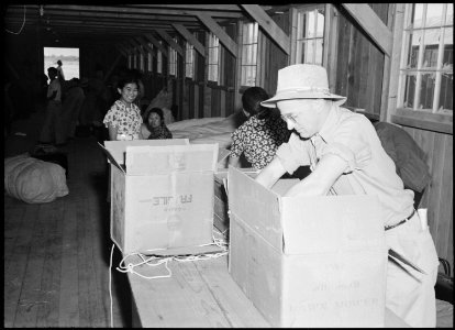 Poston, Arizona. Baggage is inspected for contraband upon arrival at War Relocation Authority cente . . . - NARA - 536321