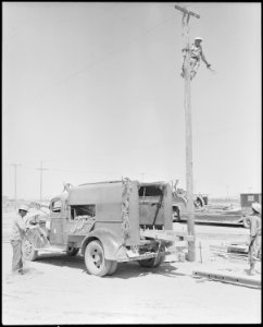 Poston, Arizona. Civilian Conservation Corps telephone crew building telephone lines from Parker, A . . . - NARA - 536129 photo