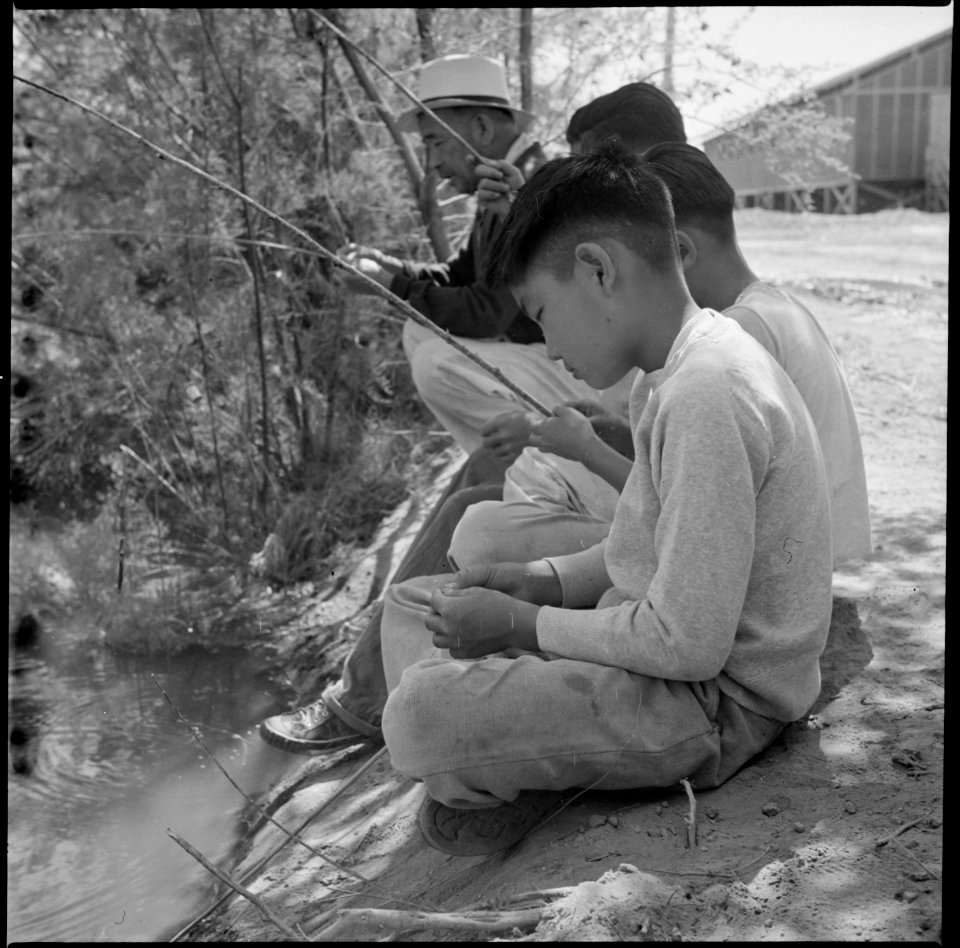 Poston, Arizona. Evacuees of Japanese ancestry fish for carp in the canal on the northwest side of . . . - NARA - 538568