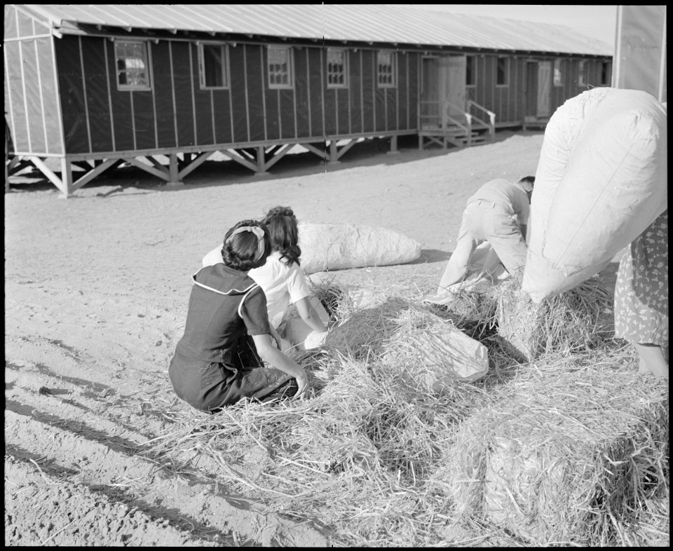 Poston, Arizona. Filling straw ticks for mattresses upon arrival at this War Relocation Authority c . . . - NARA - 536306
