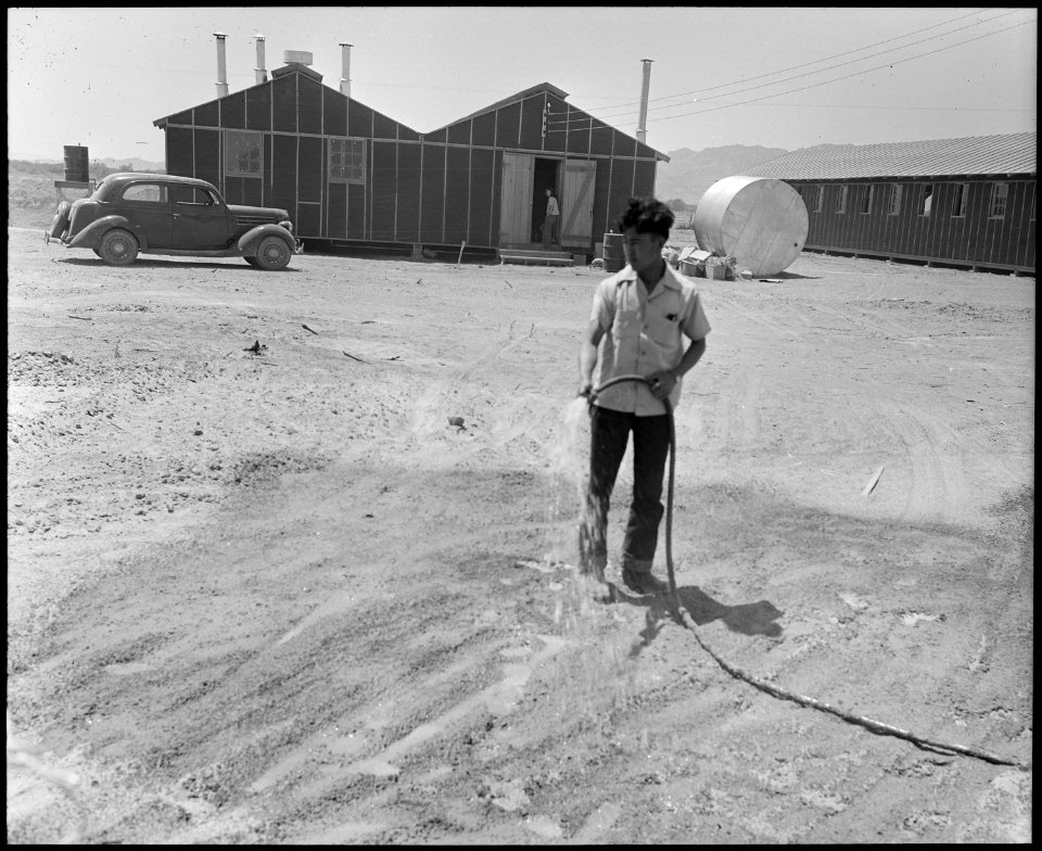 Poston, Arizona. Jim Morikawa sprinkling in an attempt to settle the dust at this War Relocation Au . . . - NARA - 536132