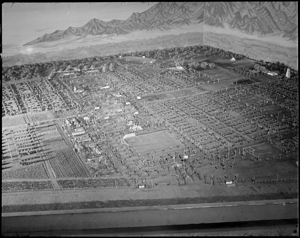Poston, Arizona. New Year's Fair. Model of camp 2 prepared for agricultural exhibit by evacuee cr . . . - NARA - 536670
