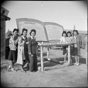 Poston, Arizona. New Years Fair. A group of pretty Nisei's pose beside the sign program at the fai . . . - NARA - 536642