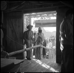 Poston, Arizona. New Years Fair. Crowds entering agricultural exhibit. - NARA - 536614