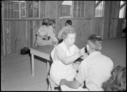 Poston, Arizona. Preliminary medical examinations are made by Registered Nurse Hosmer upon arrival . . . - NARA - 536144