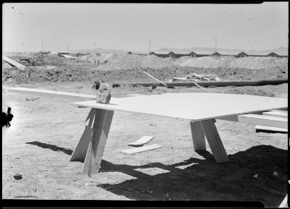 Poston, Arizona. Sawing celotex for the construction of barracks for evacuees of Japanese ancestry . . . - NARA - 536124 photo