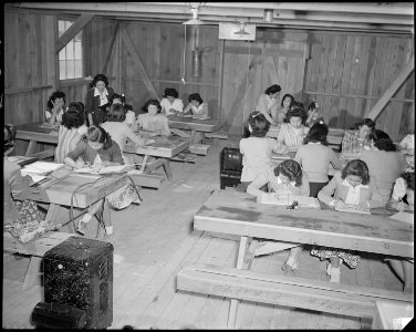 Poston, Arizona. Sewing school. Evacuee students are taught here not only to design but make clothi . . . - NARA - 536646 photo