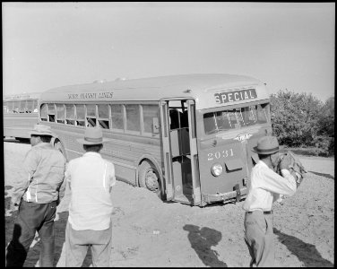 Poston, Arizona. This bus, bringing evacuees of Japanese ancestry to the Colorado River Relocation . . . - NARA - 536104 photo