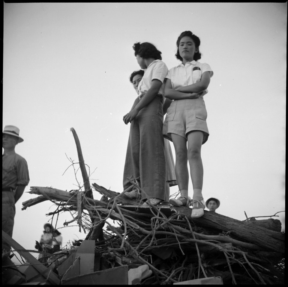 Poston, Arizona. Several girls watch an outdoor musical show put on by following evacuees at this W . . . - NARA - 538557