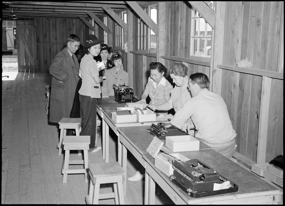 Poston, Arizona. Shigekawa family from Anaheim, Washington, among the first registrants. - NARA - 536331