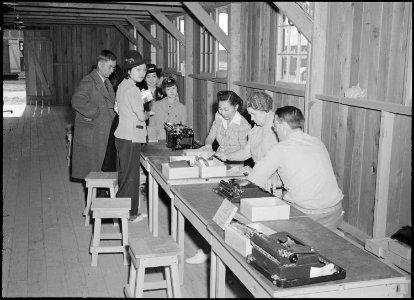 Poston, Arizona. Shigekawa family from Anaheim, Washington, among the first registrants. - NARA - 536331