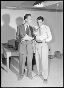 Poston, Arizona. Wade Head, project director, with Announcer Chet Huntley of CBS in a nationwide ho . . . - NARA - 536285