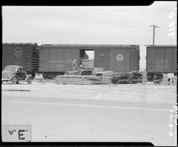 Poston, Arizona. Unloading lumber for construction of War Relocation Authority center for evacuees o . . . - NARA - 536256 photo