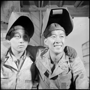 Poston, Arizona. Welders in the machine shop at this War Relocation Authority center. They are lef . . . - NARA - 537118