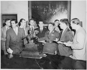 Presentation of a small statue of South American patriot San Martin to President Truman by Gen. Jose Humberto Sosa... - NARA - 199746
