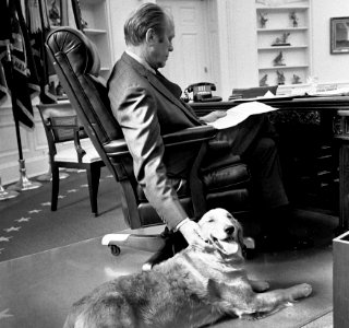 President Ford and his golden retriever Liberty - NARA - 6829597 (cropped1) photo