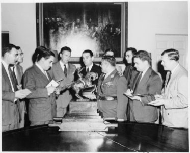 Presentation of a small statue of South American patriot San Martin to President Truman from Gen. Jose Humberto Sosa... - NARA - 199747