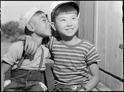 Poston, Arizona. These two little evacuees of Japanese ancestry are getting acquainted at this War . . . - NARA - 538531