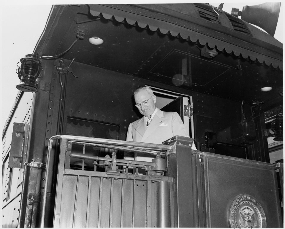 President Harry S. Truman on the rear platform of the presidential train, Bolivar, Missouri. President Truman... - NARA - 199876