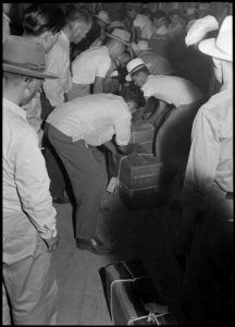 Poston, Arizona. Unloading baggage of evacuees of Japanese ancestry upon arrival at this War Reloca . . . - NARA - 536307 photo