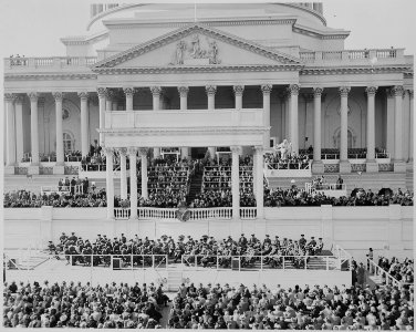 President Harry S. Truman delivering his inaugural address, beheath the inaugural stand in front of the Capitol... - NARA - 199971 photo