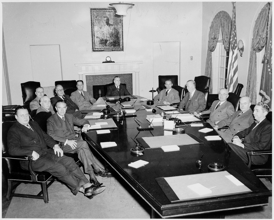 President Truman and his cabinet in the Cabinet Room of the White House. Clockwise around table from left, Secretary... - NARA - 199650