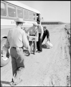 Poston, Arizona. Unloading baggage belonging to evacuee of Japanese ancestry. Caucasian constructi . . . - NARA - 536076 photo