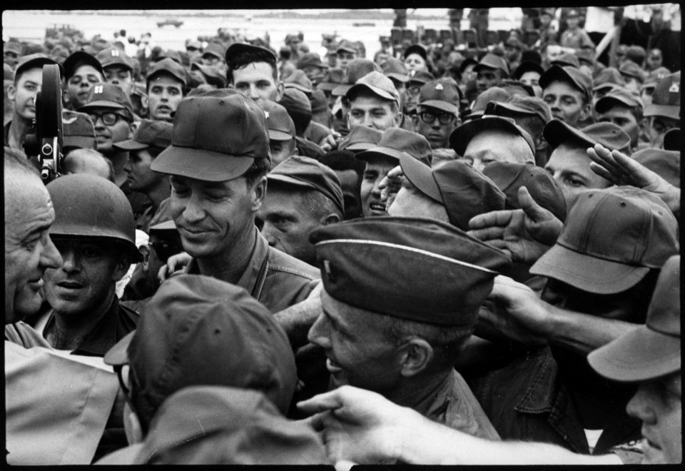 President Lyndon B. Johnson greets American troops in Vietnam, 1966., 1961 - 1974 - NARA - 542078