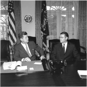 President meets with Secretary of Defense. President Kennedy, Secretary McNamara. White House, Cabinet Room - NARA - 194244 photo