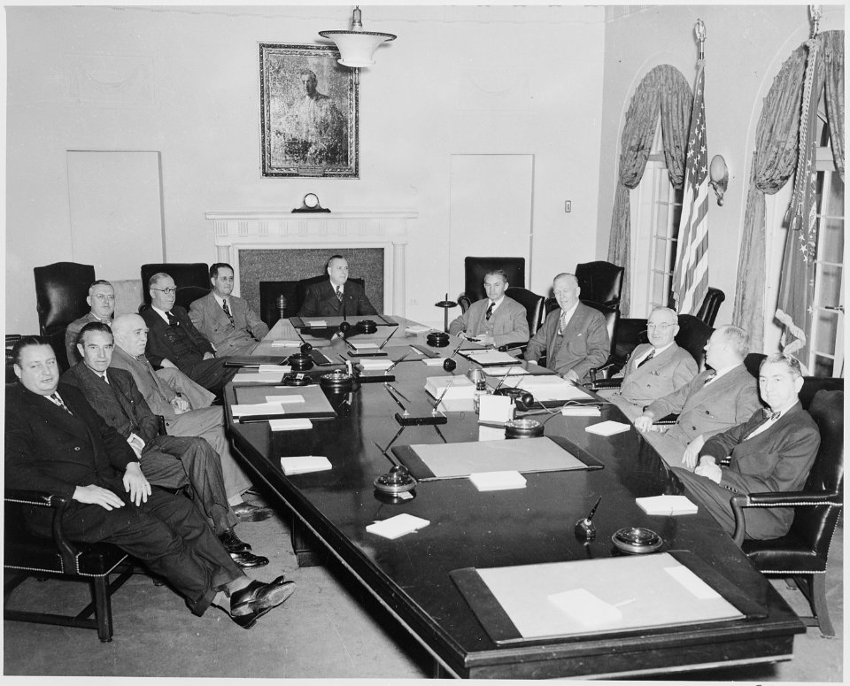 President Truman and his cabinet in the Cabinet Room of the White House. Clockwise around table from left, Secretary... - NARA - 199653
