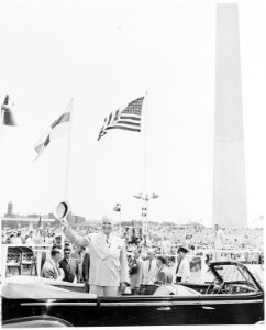 President Truman attends ceremonies celebrating the 100th anniversary of the Washington Monument. He is in his... - NARA - 199855