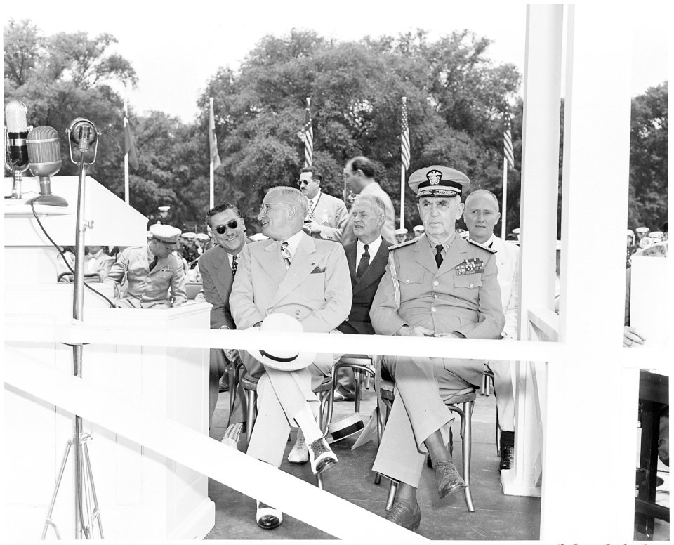 President Truman attends ceremonies celebrating the 100th anniversary of the Washington Monument. President Truman is... - NARA - 199838