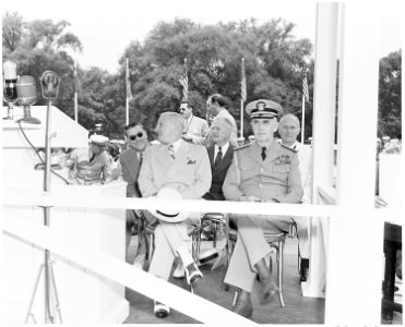 President Truman attends ceremonies celebrating the 100th anniversary of the Washington Monument. President Truman is... - NARA - 199838